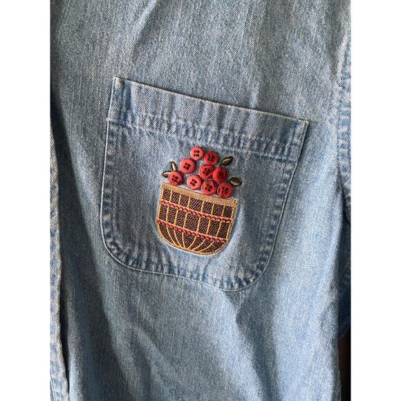 Christopher and Banks Denim Button Down Embroidered Apples in a Basket Shirt - Picture 6 of 7